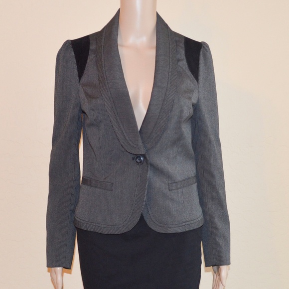 SASHIMI Gray Striped 1 Button Black Elbow Patch Blazer Size Small - Picture 1 of 7